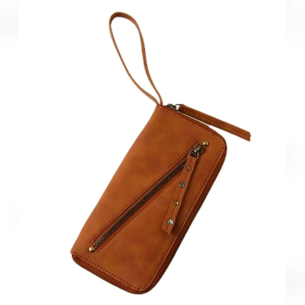 Free People Vegan Leather Long Wallet Zip Around Wristlet Brown Boho Western New